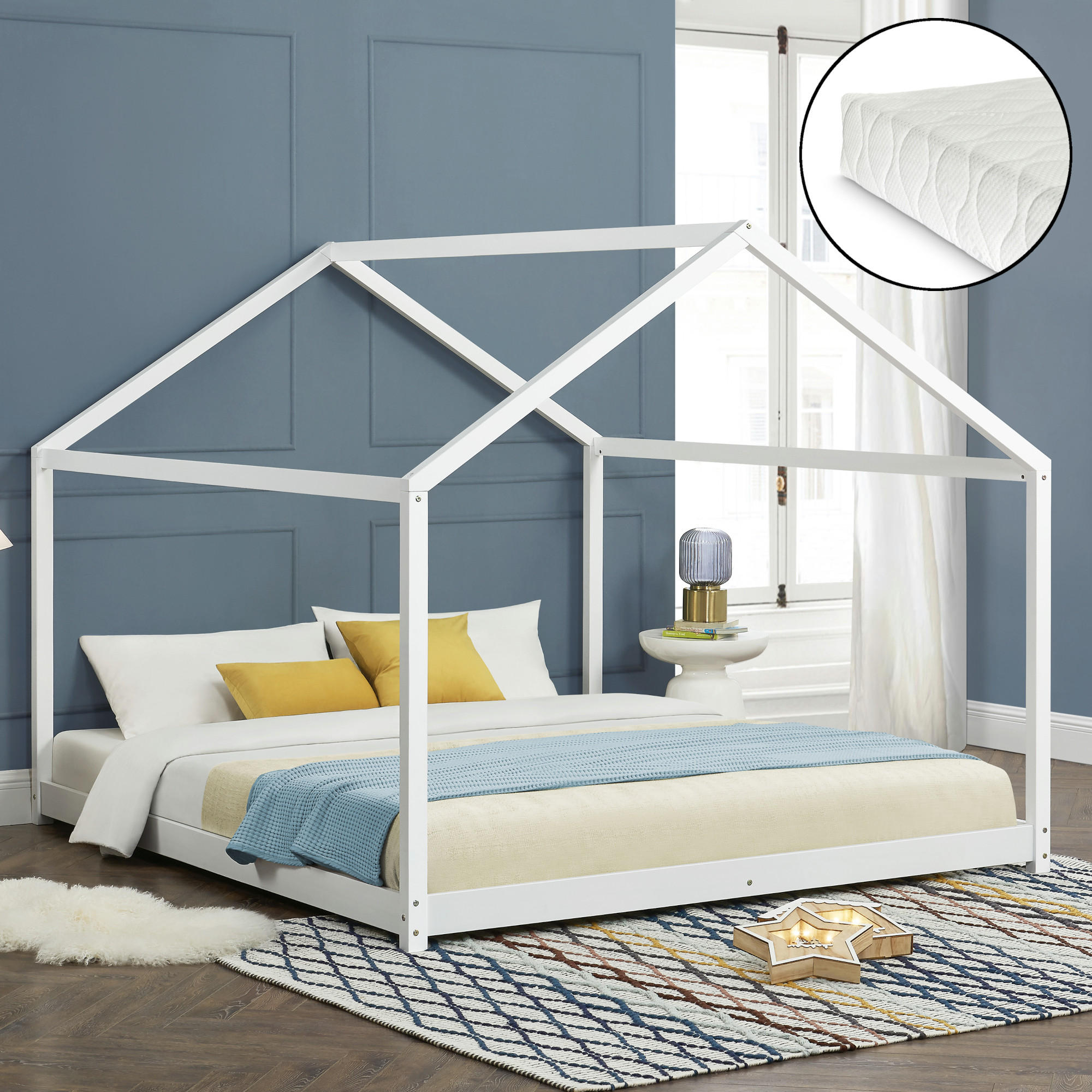 HAUSBETT Cerro mit Matratze - Weiß, Holz/Textil (160/200cm) - [en.casa]