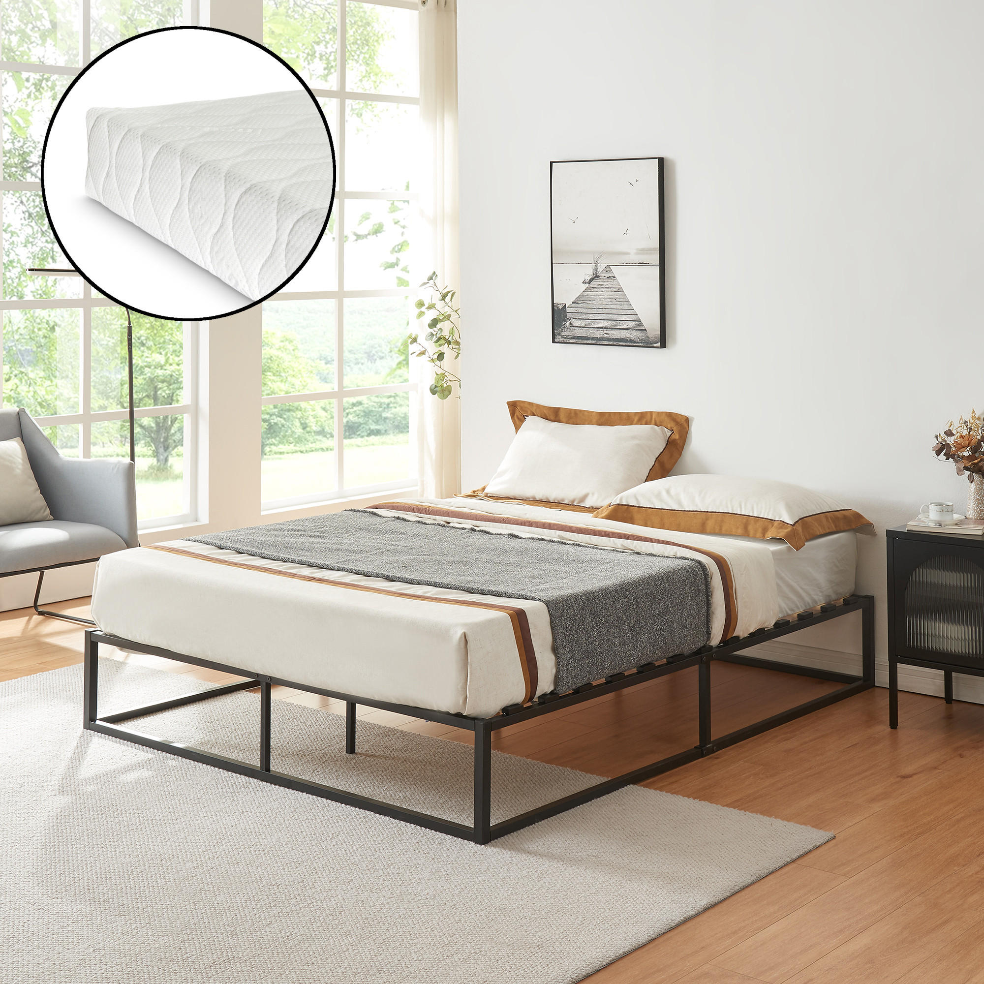 METALLBETT Kreta mit Matratze - Schwarz, Textil/Metall (140/200cm) - [en.casa]