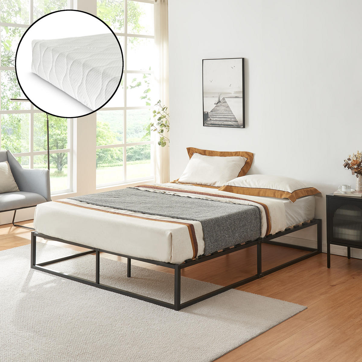 METALLBETT Kreta mit Matratze - Schwarz, Textil/Metall (180/200cm) - [en.casa]