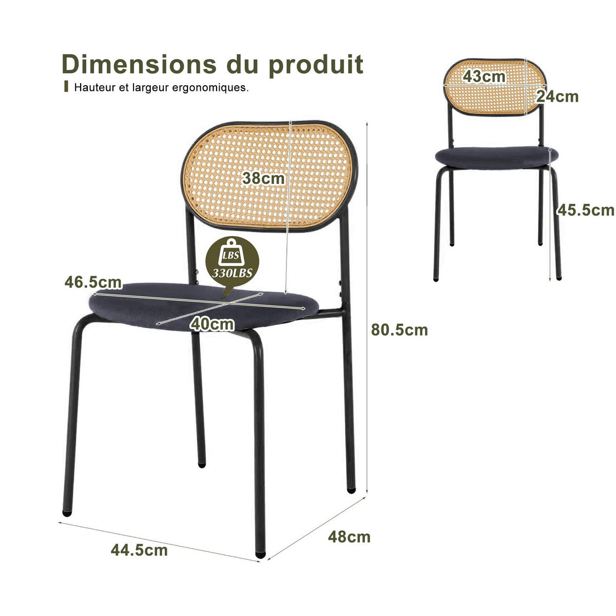 ESSZIMMERSTÜHLE 2er-Set Rattan Mit Rückenlehne & Metallbeinen Schwarz - Schwarz, Holz (46.5/80.5/40cm)