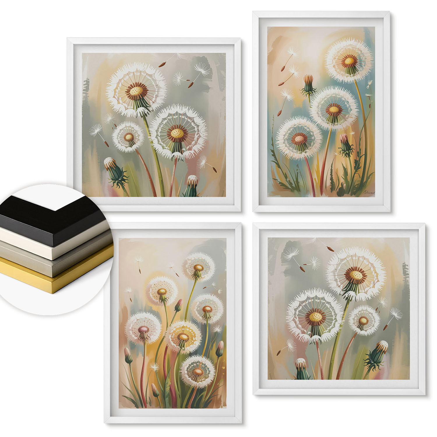WANDBILDER 4er-Set - 50x50 cm & 40x60 cm Weißer Rahmen - Löwenzahnblüten, pastellfarbene Gräser - Weiß, Kunststoff (50/50cm) - ArtPrintCave