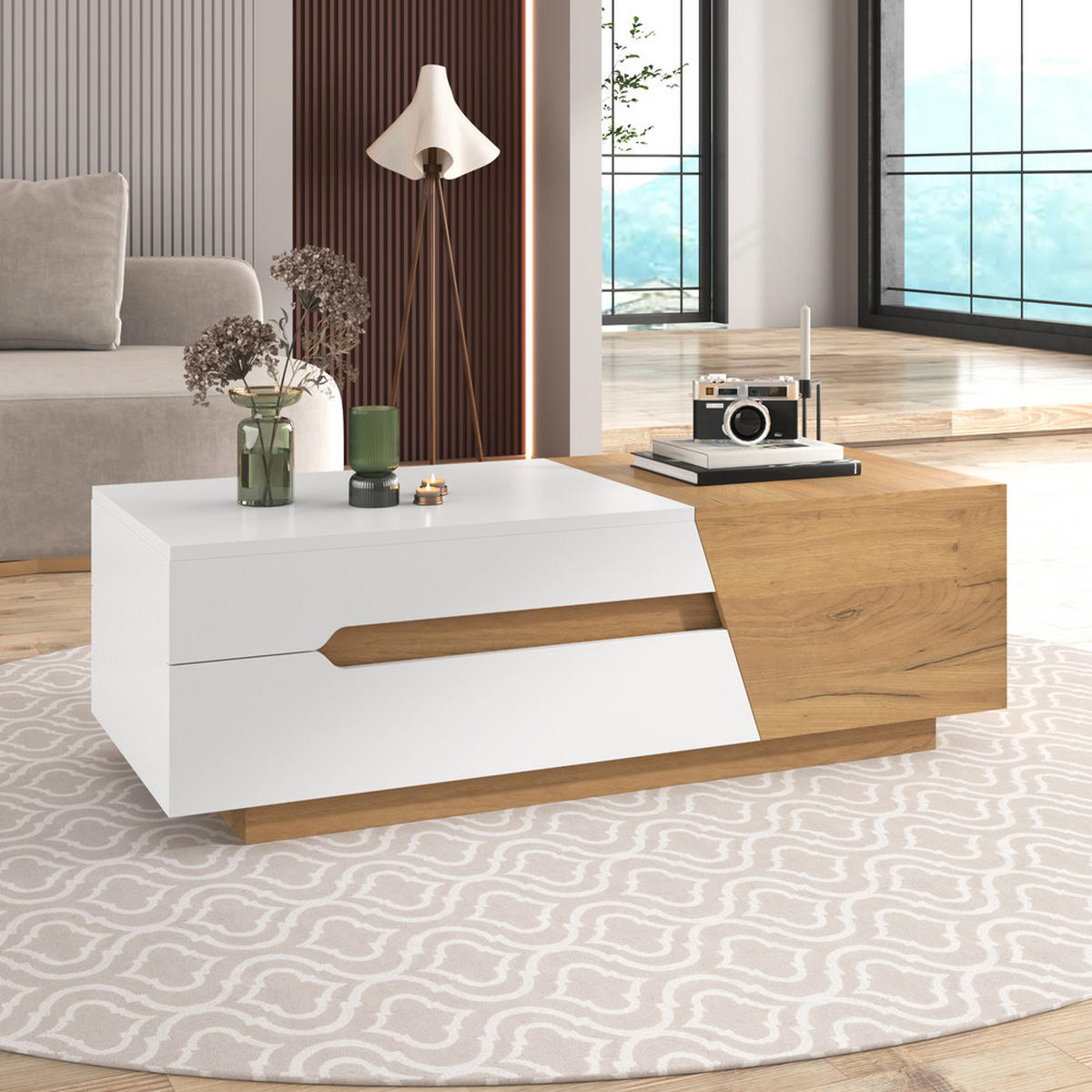 COUCHTISCH ausziehbar mit Schubladen Farbblockstruktur Natur-Weiß - Weiß, Holz (73/65/17cm) - FLIEKS
