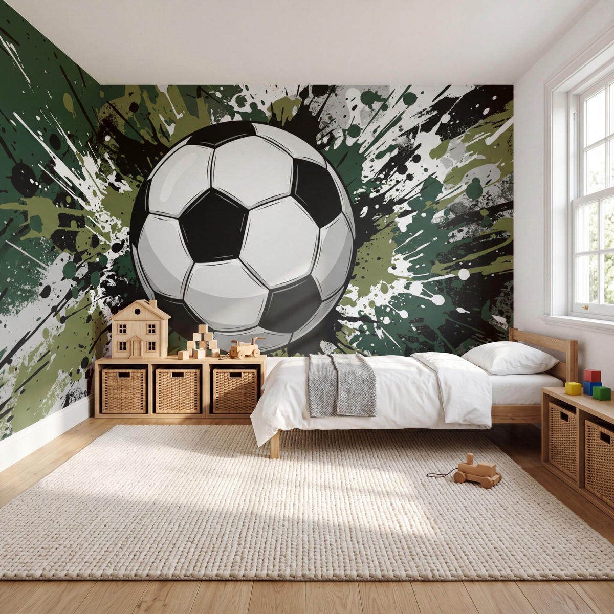 KINDERTAPETE - Fußball - Farbe - Spritzer - Grün - 500x300 cm - Dunkelgrün, Papier (500/300cm) - OnlyWow