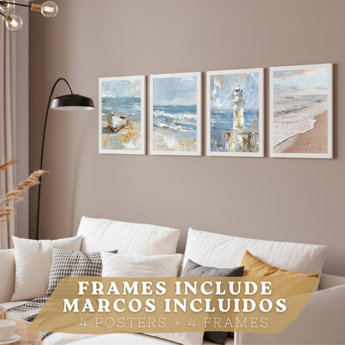 PLAKAT Sada 3 tisků s motivy pláže, moře a francouzské riviéry: maják a loď. Nástěnná dekorace. Přímořská scenérie. Velikost Bílý rám A4 - bílá, papír (21/29.7/3cm) - Nacnic