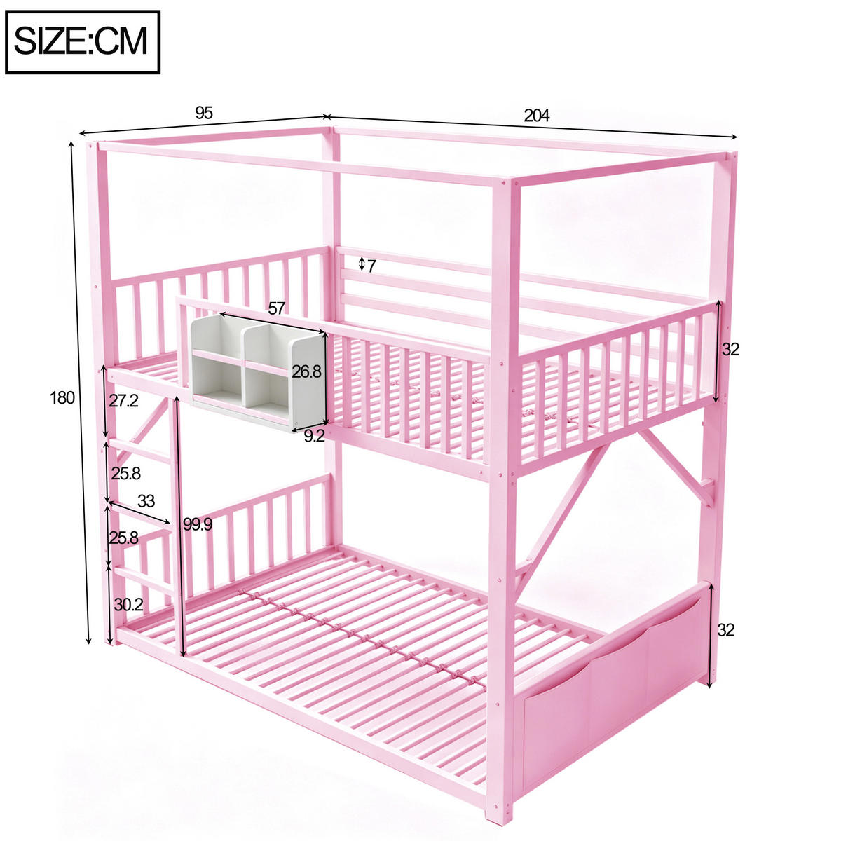 ETAGENBETT 90/200 cm Metall mit Dachdesign, DE-41590, in Rosa - Pink, Metall (90/200cm) - ComfortXL