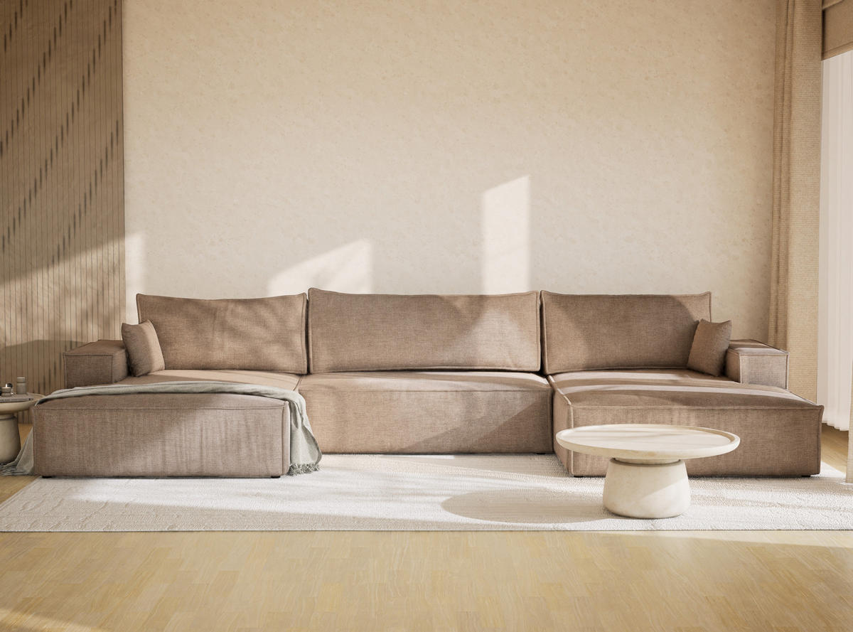 WOHNLANDSCHAFT Kyoto Grau braun Chenille-Stoff - Graubraun/Schwarz, Holz/Holzwerkstoff (398/70/148cm) - Maison de Reve