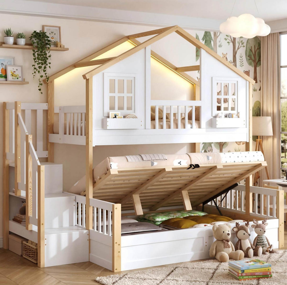 ETAGENBETT mit Stauraumtreppe 90x200 + 140x200 cm Kiefernholz Weiß - Weiß, Holzwerkstoff (90/200cm) - Beauniv