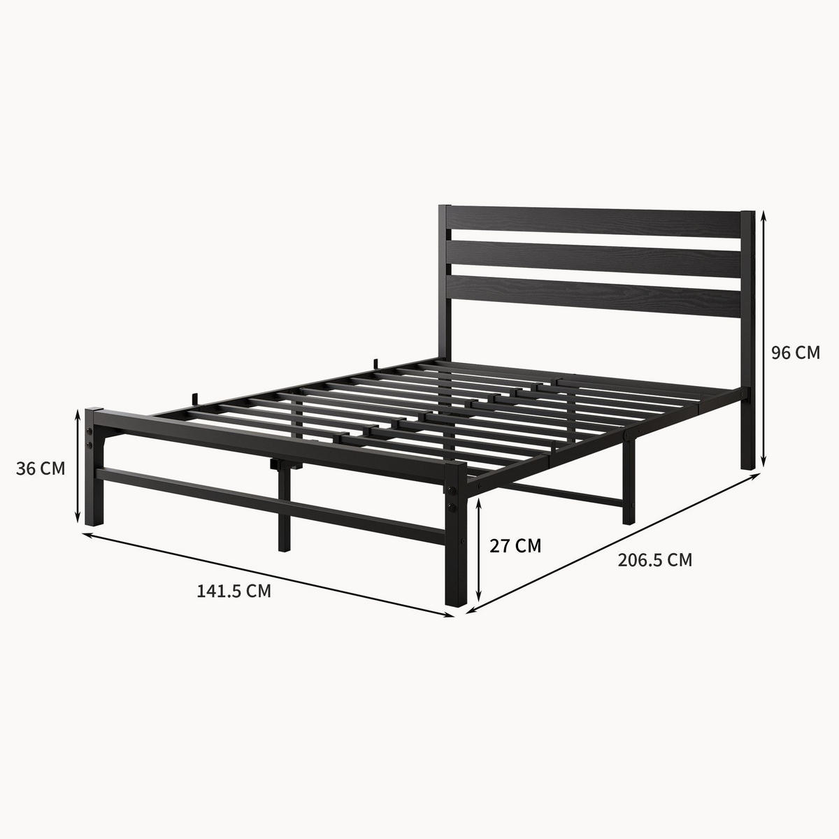 METALLBETT 140/200 cm Schwarz mit komfortablem Kopfteil - Schwarz, Metall (140/200cm) - OKWISH