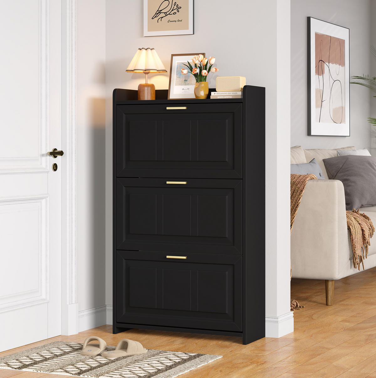 SCHUHSCHRANK mit Klappen 70/24/120 cm in Schwarz, platzsparend - Schwarz, Holzwerkstoff (70/120/24cm) - BEAOK