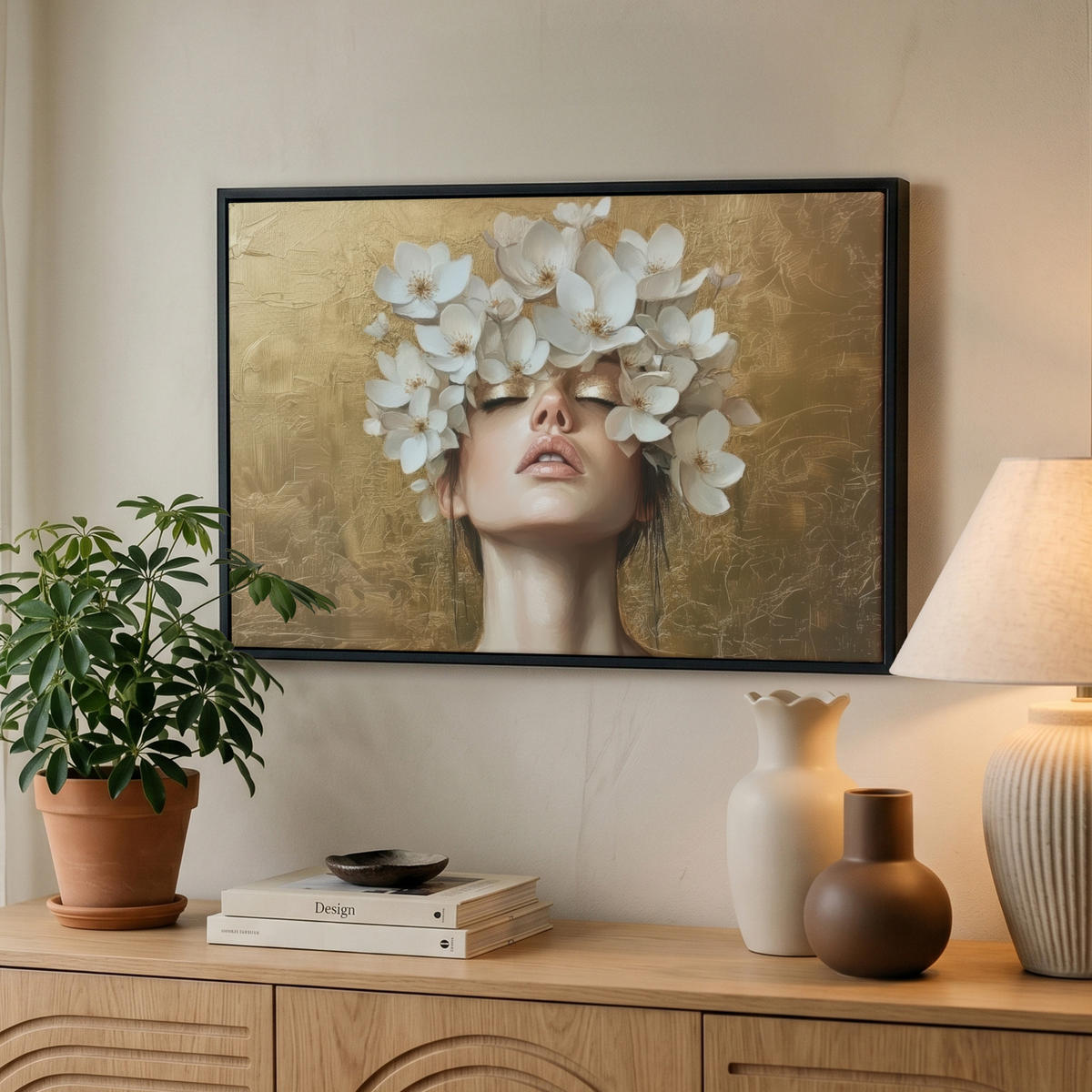 LEINWAND Bilder mit Rahmen - Gesicht - Blumen - Gold - Abstrakt - 60x40 - Goldfarben, Textil (60/40cm) - MuchoWow