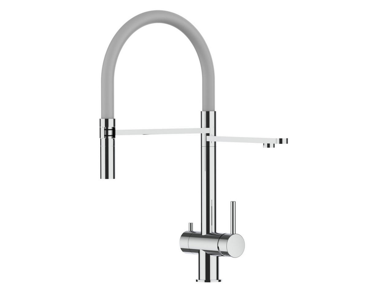 NIEDERDRUCK-3-WEGE-KÜCHENARMATUR, Edelstahl Massiv aus Chirurgenstahl, Hochglanz und Grau, 2-Strahl-Brause - Grau, Metall (24/49/24cm) - VIZIO