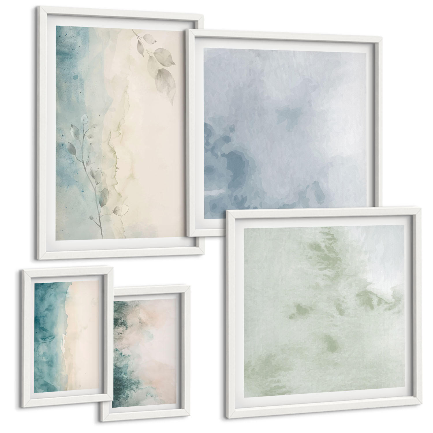 BILDER SET 5er Set - 50x50 cm & 20x30 cm & 40x60 cm Weißer Rahmen - Aquarell-Leinwandstil - Weiß, Kunststoff (40/60cm) - TULUP