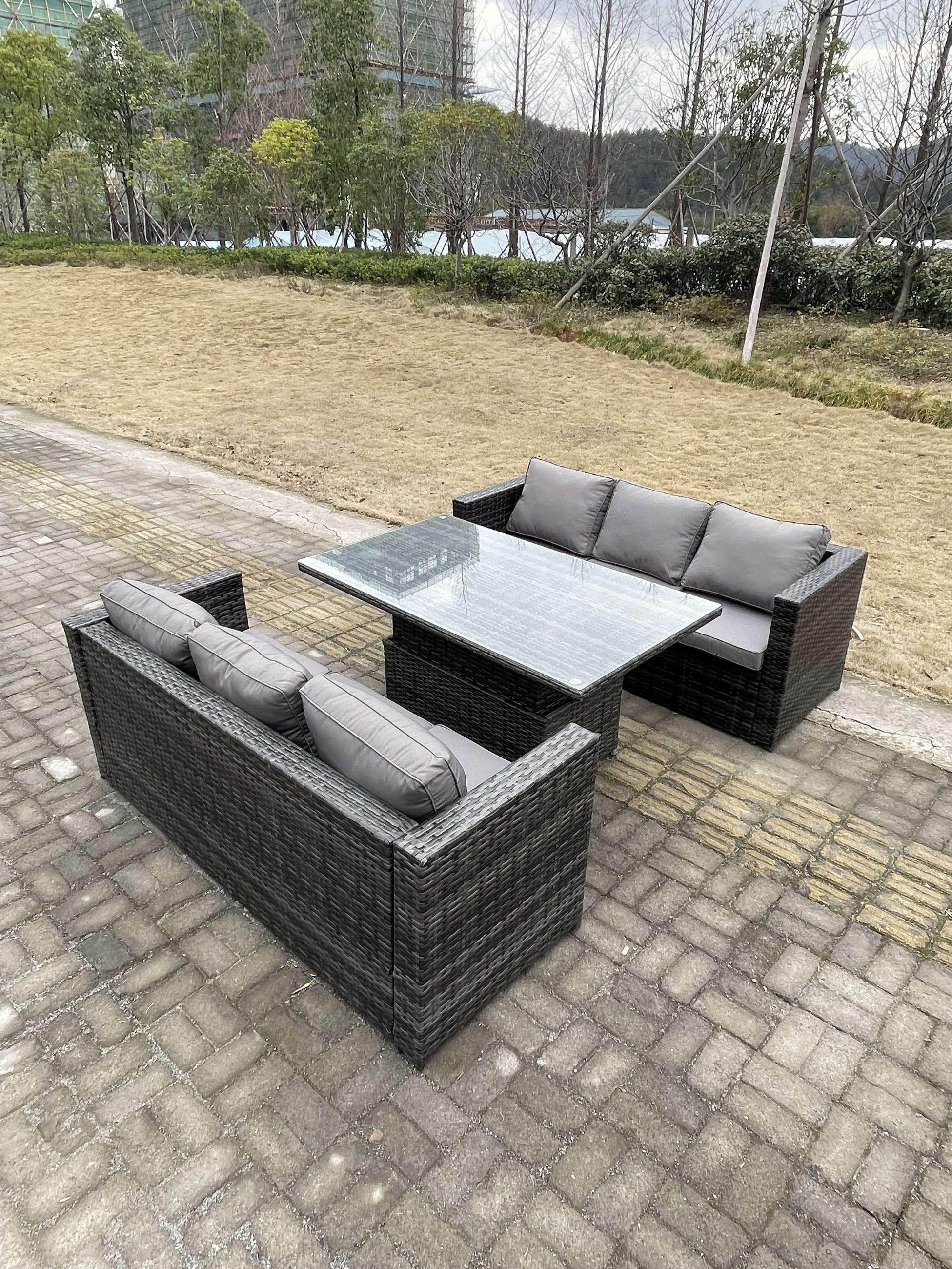 GARTENSOFA SET Polyrattan 6-Sitzer - Dunkelgrau/Grau, Glas/Kunststoff - Fimous