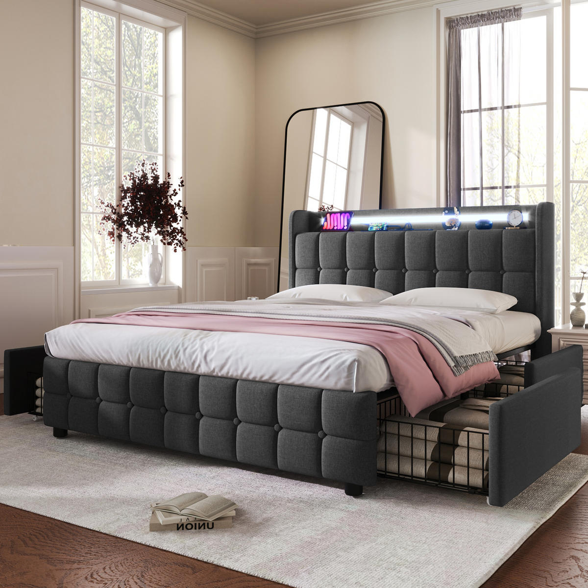 POLSTERBETT 140/200 cm mit Matratze LED-Beleuchtung, USB, Steckdosen, 4 Schubladen, Grau - Grau, Holz - Redom