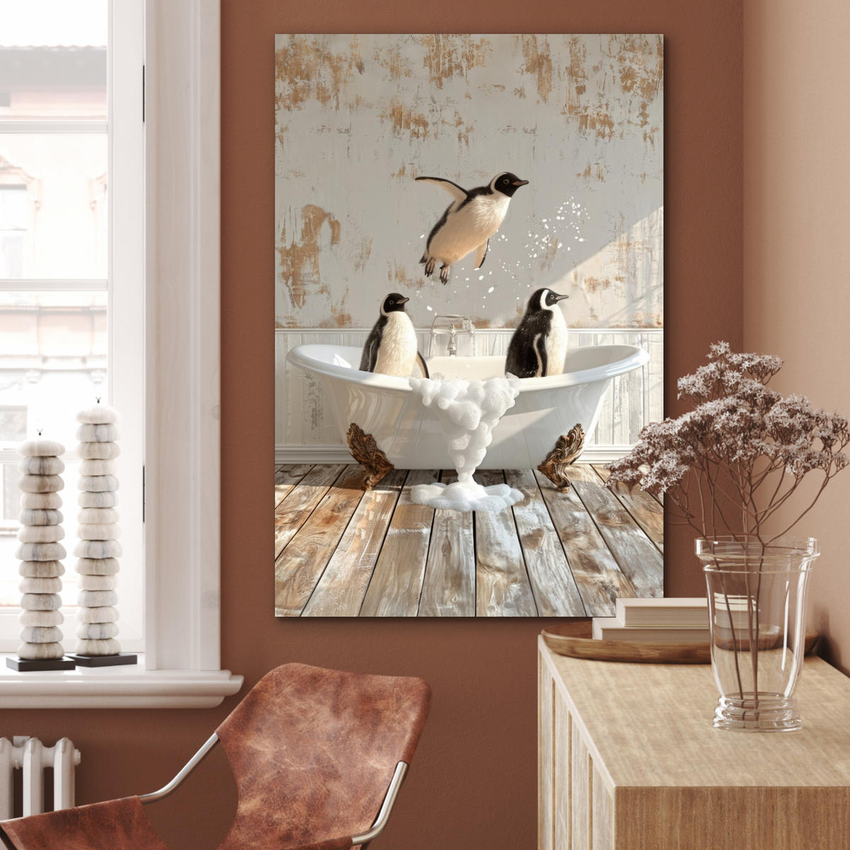 METALLBILD Vintage - Pinguin - Badewanne - Schaumstoff 60x90 cm - Schwarz, Metall (60/90cm) - MuchoWow