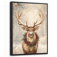 LEINWAND Bilder mit Rahmen - Weihnachten - Rentier - Winter - Kranz - 30x40 - Naturfarben, Textil (30/40cm) - MuchoWow