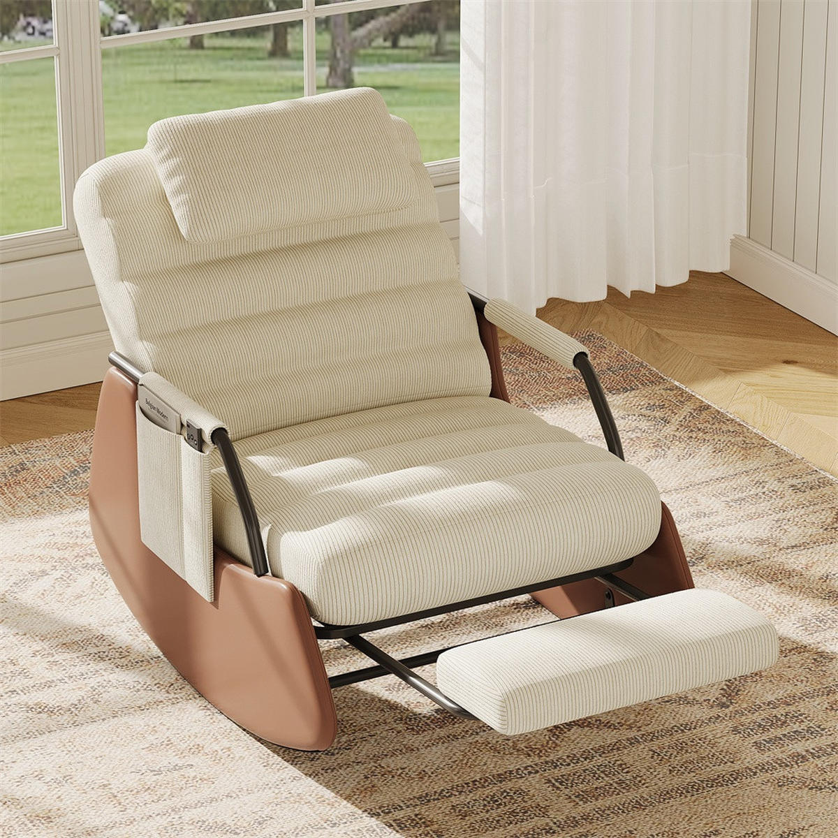 SCHAUKELSTUHL mit ausziehbarer Fußauflage und Kopfkissen - 3 stufig verstellbare Rückenlehne und Cord-Bezug - Beige - Beige, Textil (67/92/91.5cm) - DELFA