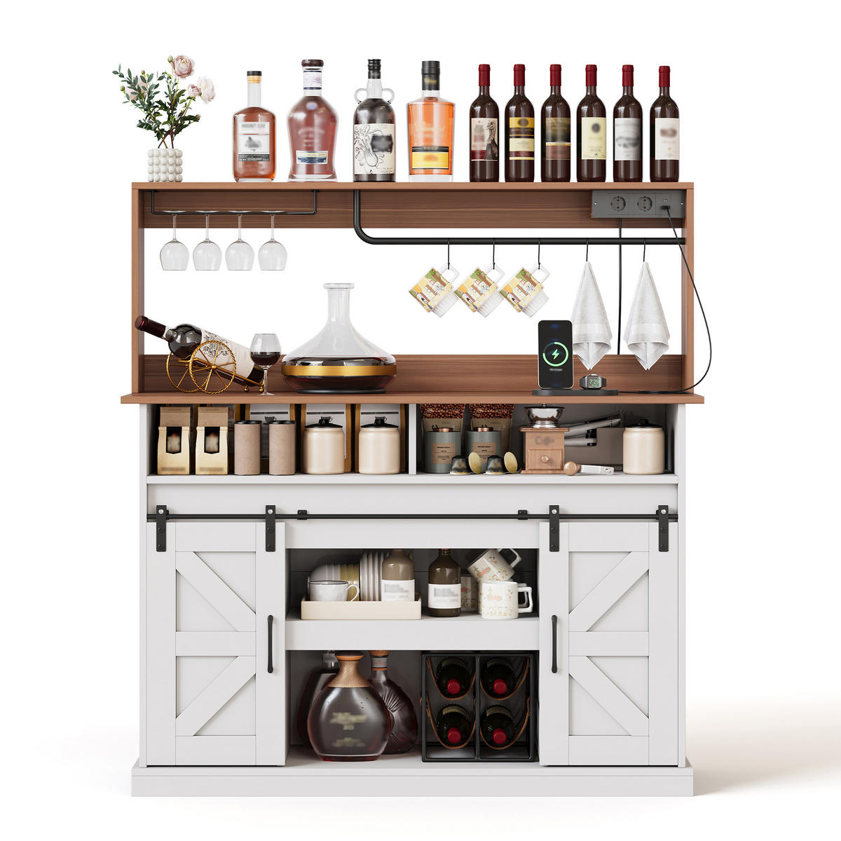 SIDEBOARD 120/40/130 cm mit 2 Schiebetüren & Steckdosen im Landhausstil - Weiß, Holzwerkstoff (120/130/40cm) - BEAOK
