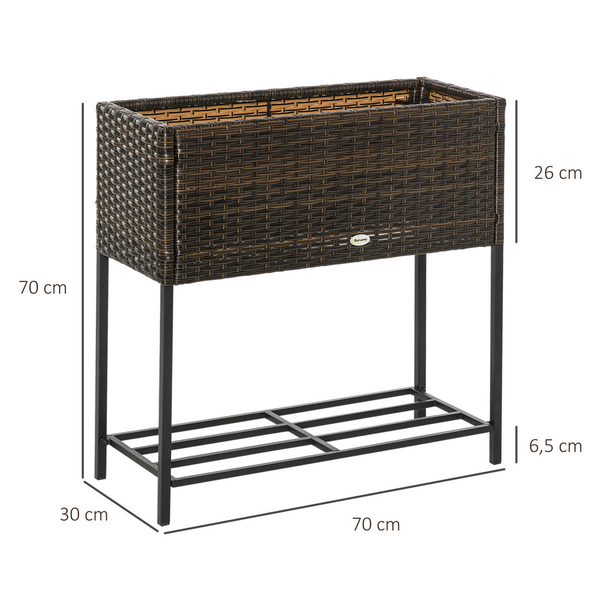POLY Rattan Hochbeet mit Füßen Rattan Ablage Braun 70 x 30 x 70 cm - Braun, Metall (30/70/70cm) - Outsunny