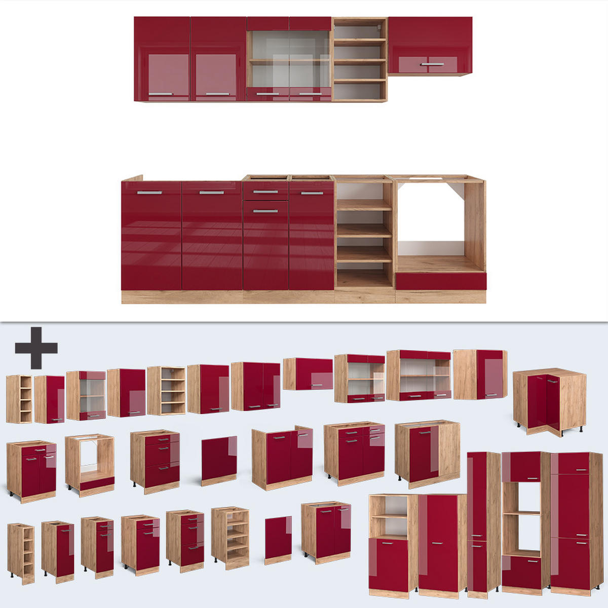 KÜCHENZEILE R-Line Bordeaux Hochglanz/Goldkraft Eiche 240 cm, AP Eiche - Bordeaux/Eiche Wotan, Holzwerkstoff (240/81.6/60cm) - Vicco