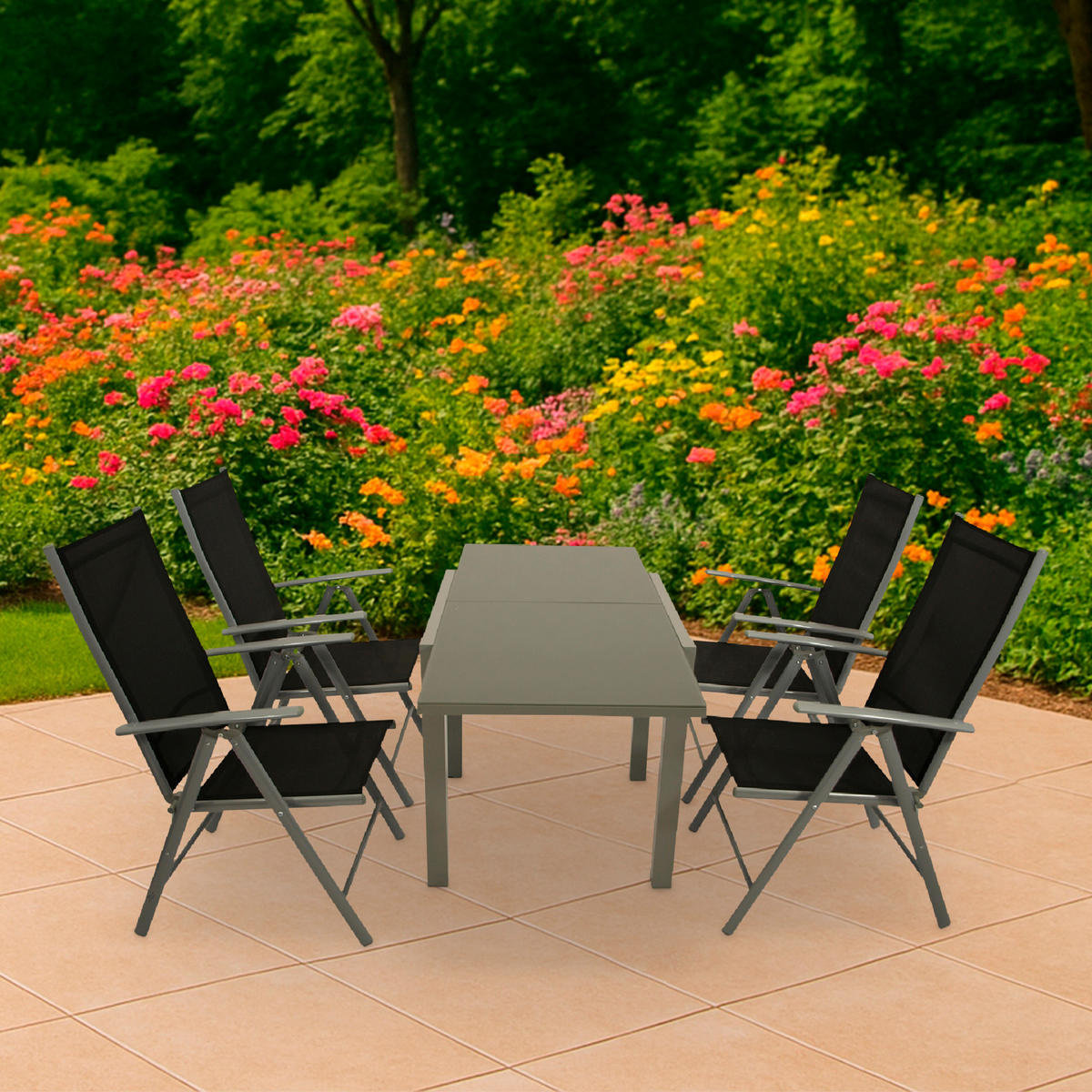 GARTEN-GARNITUR Ashford - 5-teilige Garten-Essgruppe (4x Klappsessel mit Aluminiumgestell grau, Bespannung Textilene schwarz - Schwarz, Metall - TPFGarden