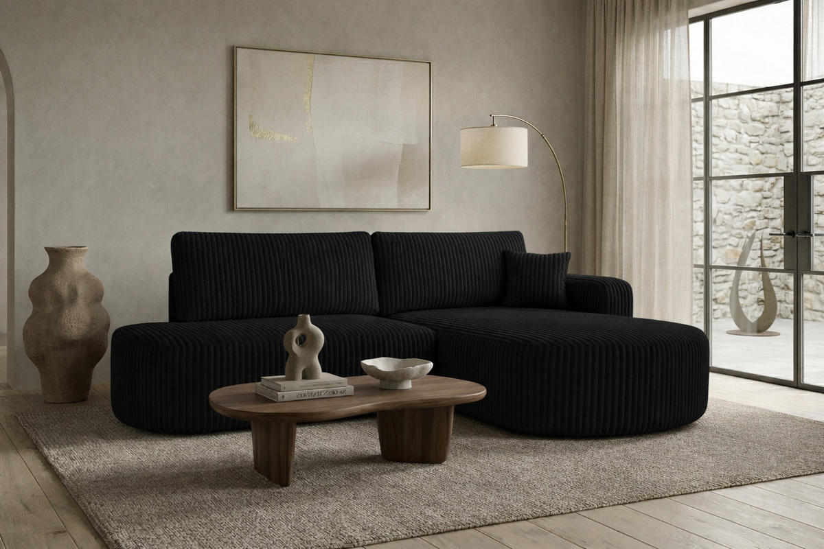 ECKSOFA Mit Schlaffunktion Und Bettkasten, Cordstoff Tilia, Schwarz, Rechts, ROUND ONE OPEN XL - Schwarz, Holz (262/175cm) - Kaiser Möbel