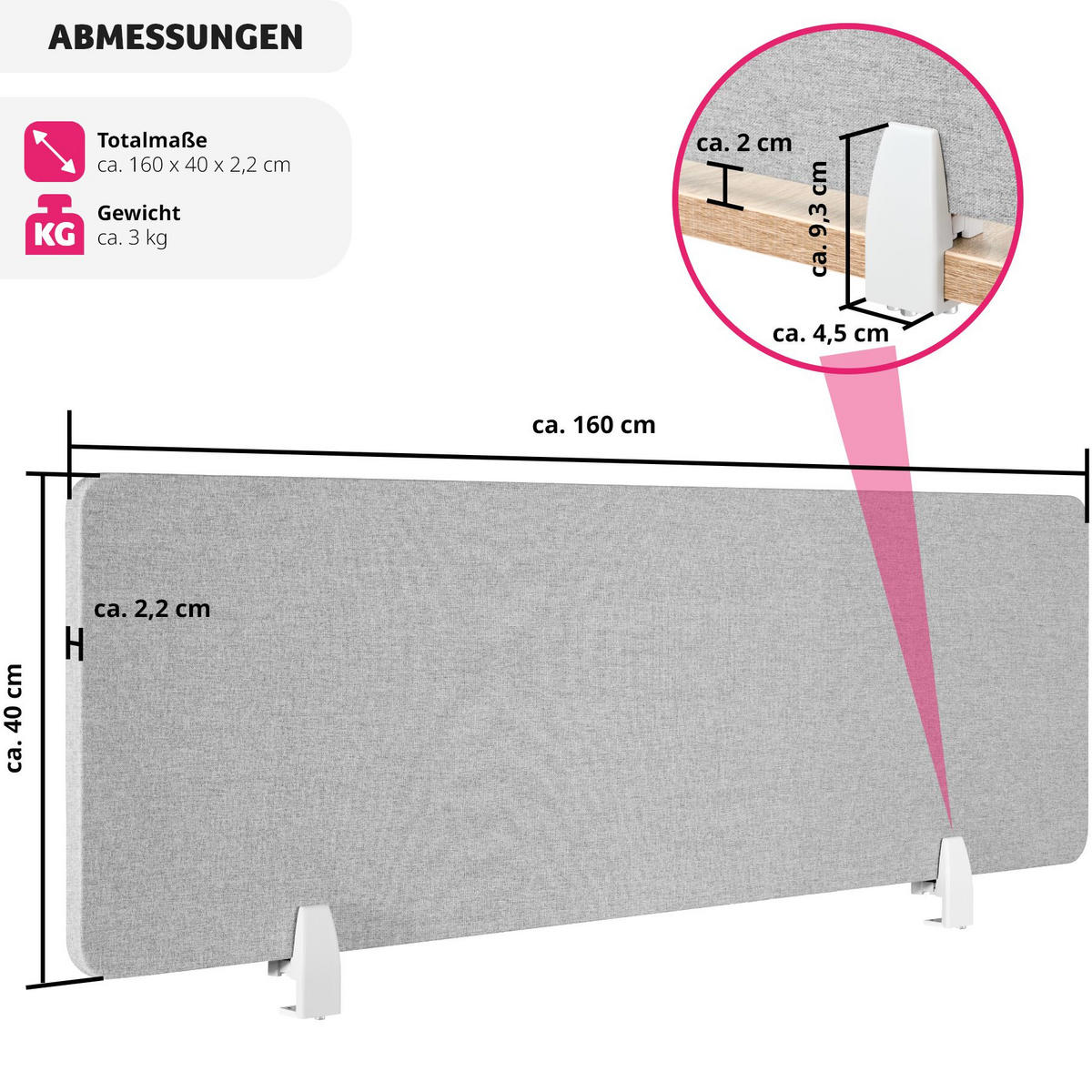 TRENNWAND für Schreibtisch Noisy,inkl. 2 Befestigungsklemmen,grau - Grau, Kunststoff (2.2/160/40cm) - tectake