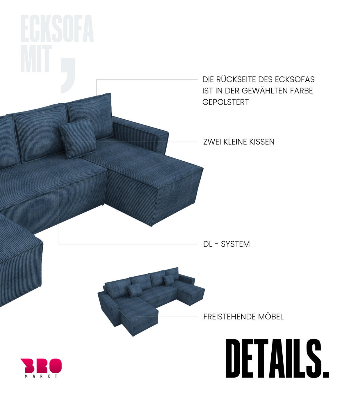 WOHNLANDSCHAFT Dexter U mit Schlaffunktion Blau Cord - Blau, Textil (310/80/141cm) - Bromarkt