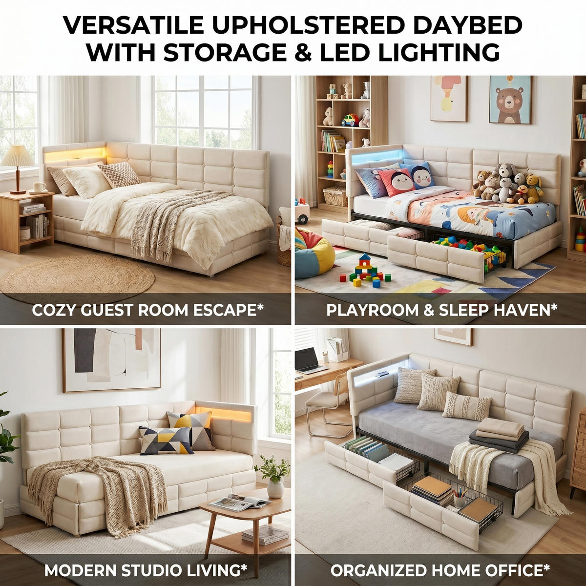 POLSTERBETT Reversibel 90/200 cm mit 2 Schubladen & RGB-LED Leinenoptik Beige - Beige, Textil (90/200cm) - Creahappy