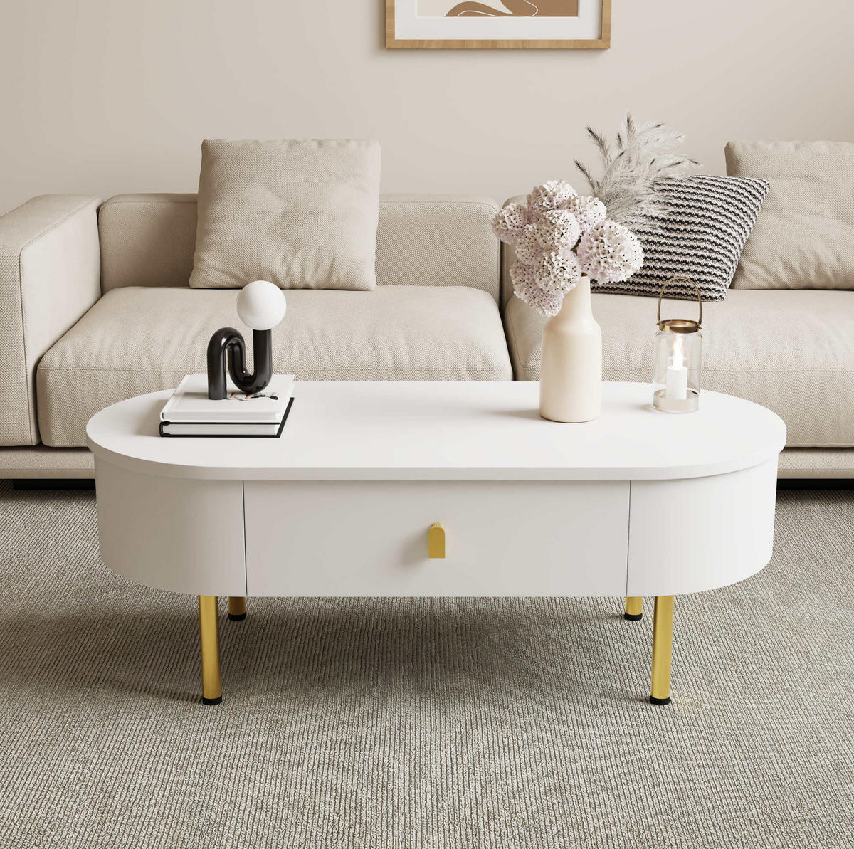 COUCHTISCH 108/50/40 cm in Weiß mit 2 Schubladen und goldfarbenen Beinen - Weiß, Holzwerkstoff (108/50/40cm) - Flora Grace