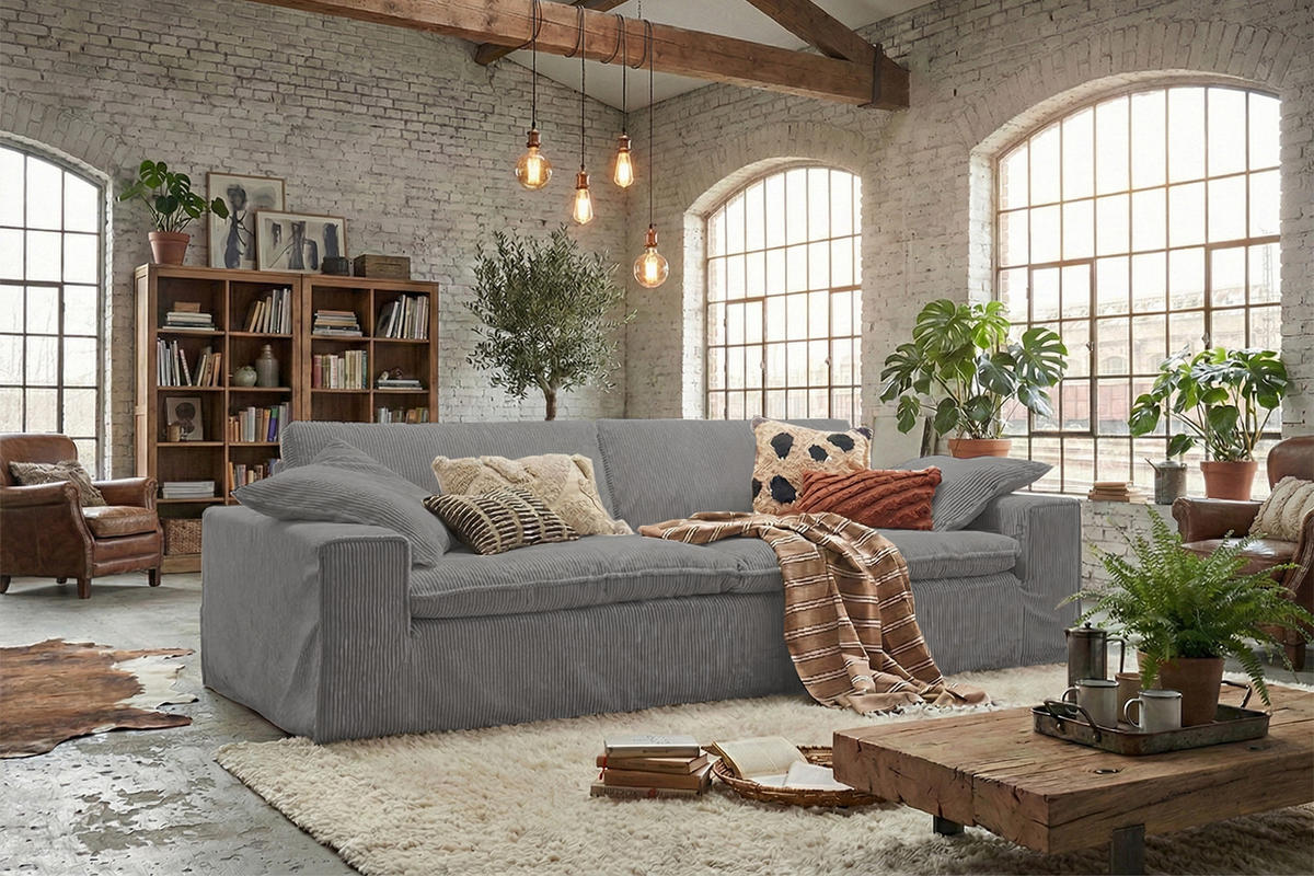 SOFA NETTA Grau Cord - Braun/Grau, Birkenholz/Textil (226/90/116cm) - KAWOLA