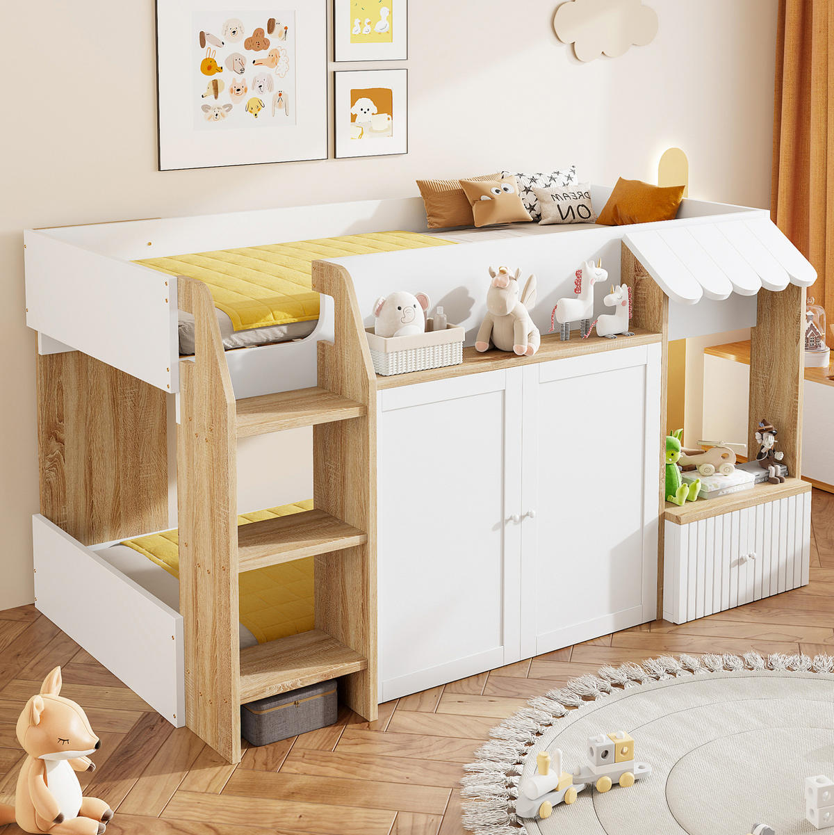 HAUSBETT Hausförmig 90/200 cm Weiß/Natur mit Stauraum ohne Matratze - Weiß, Holz (90/200cm) - MIVRAY