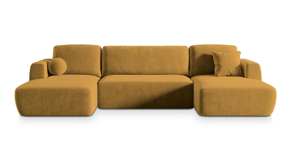 WOHNLANDSCHAFT SENTUM K Gelb Plüsch-Stoff mit Schlaffunktion - Gelb, Holz (330/90/148cm) - MASSENO