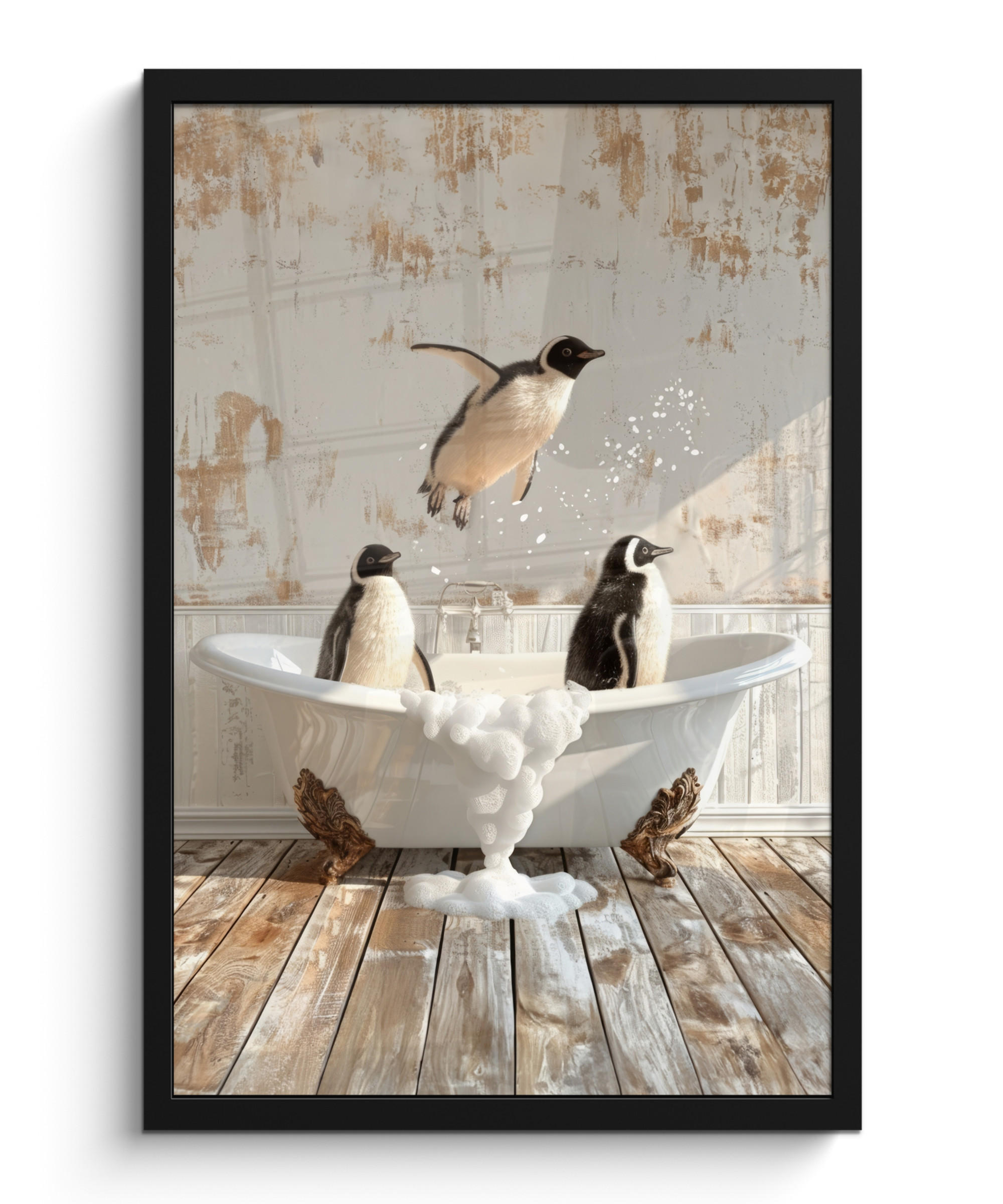 GERAHMTES BILD Vintage - Pinguin - Badewanne - Schaumstoff 40x60 cm - Schwarz, Papier (40/60cm) - MuchoWow