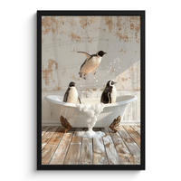 GERAHMTES BILD Vintage - Pinguin - Badewanne - Schaumstoff 40x60 cm - Schwarz, Papier (40/60cm) - MuchoWow