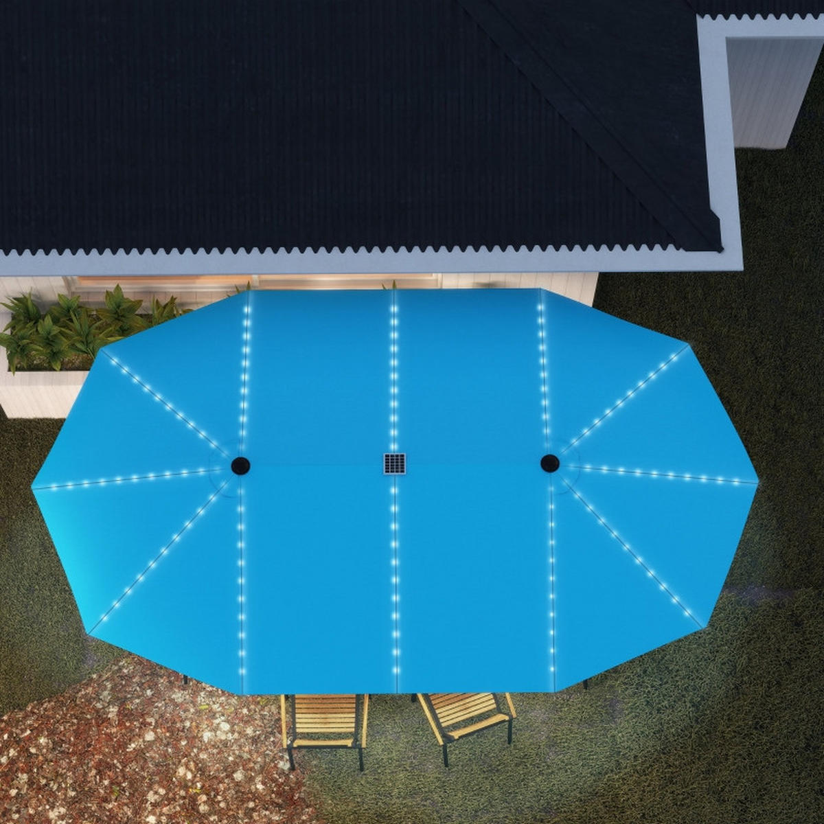 SONNENSCHIRM Doppelsonnenschirm LED Solar Blau - Blau, Metall (267/451cm) - ComfortXL