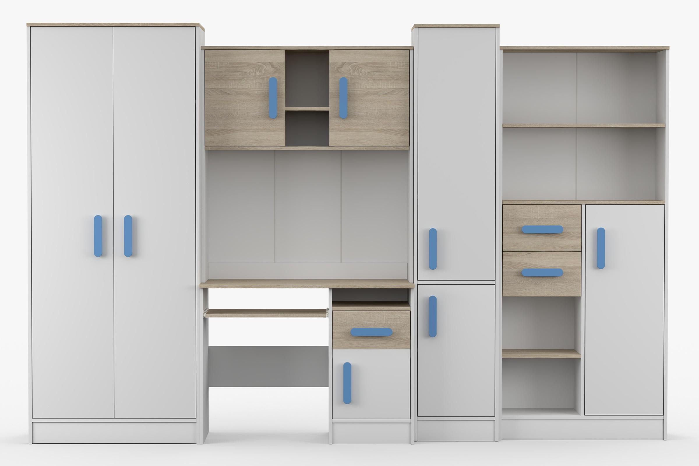 KINDERZIMMER MIKI Korpus Weiß | Griffe Blau - Blau/Weiß, Holz/Holzwerkstoff (300/197/52cm) - Deine Möbel 24