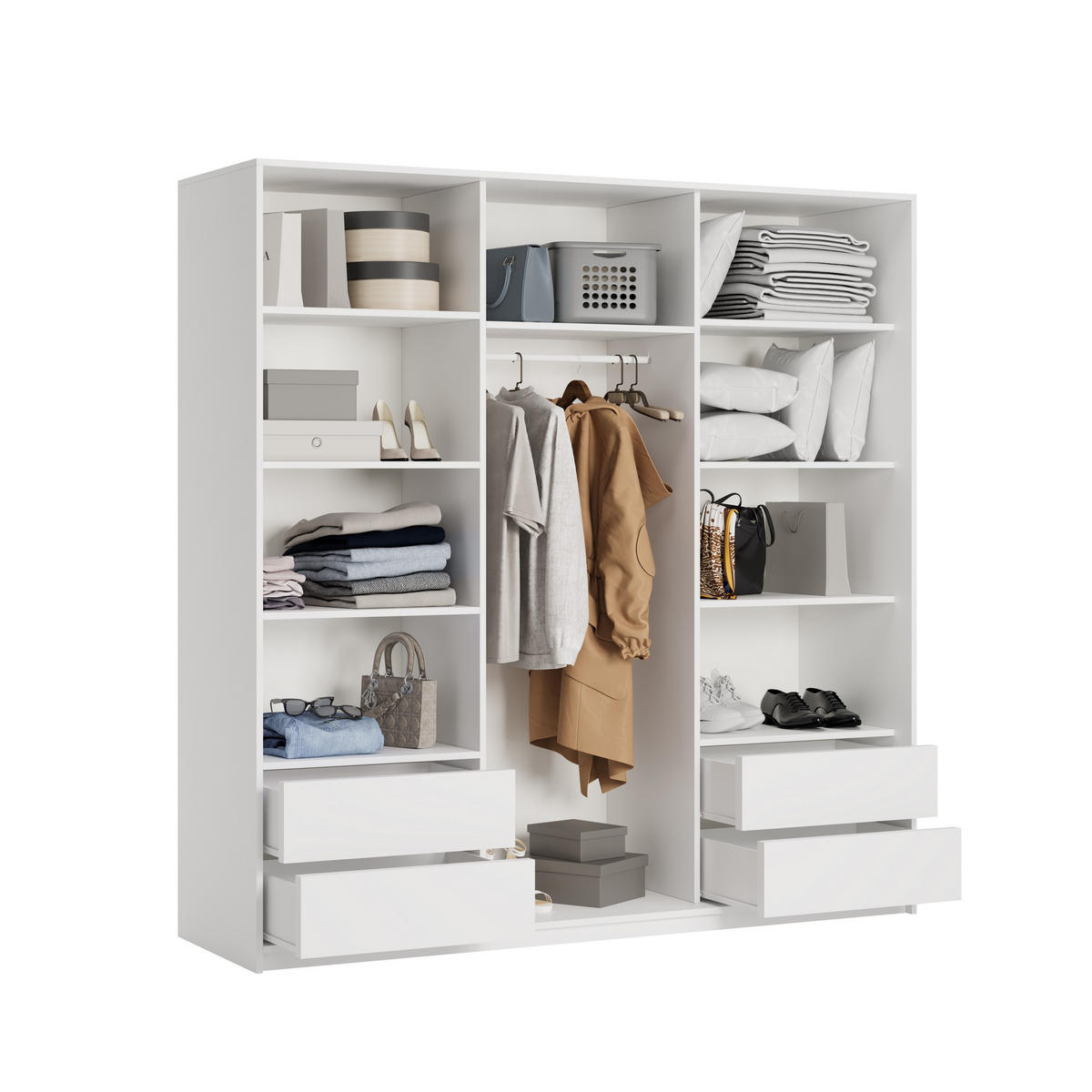 SCHWEBETÜRENSCHRANK RIEN 180/205/60 cm 3-türig mit Spiegel und Schubladen Weiß - Goldfarben/Weiß, Holzwerkstoff (180/205/60cm) - MASSENO
