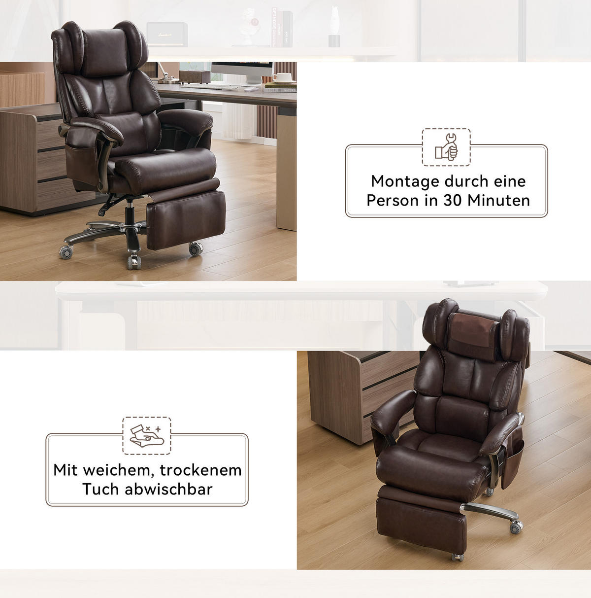 BÜROSTUHL mit Massage- und Heizfunktion PU-Leder Brown - Braun, Kunststoff (76.5/121.5/85.5cm) - Meubliv