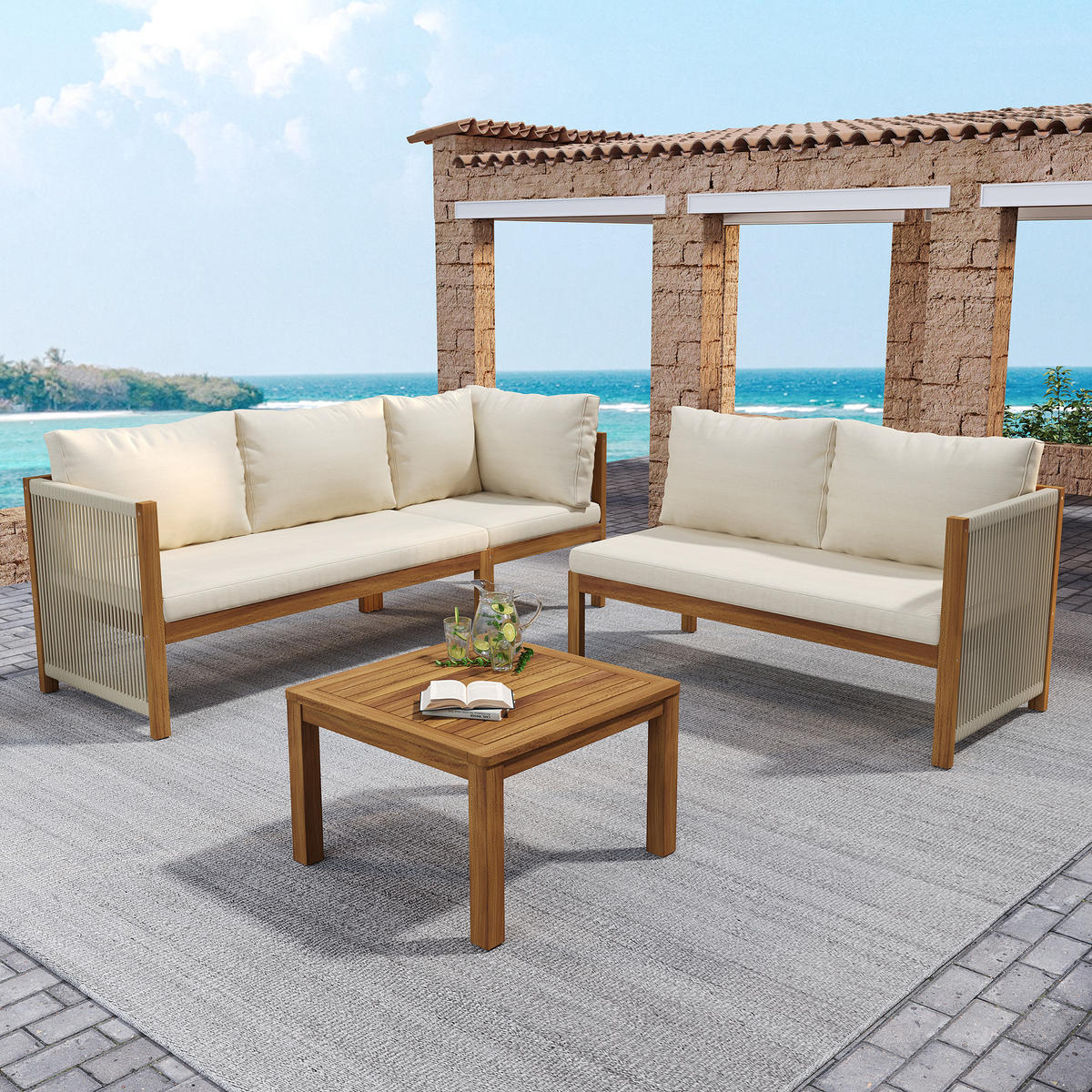 GARTENMÖBEL-SET, Ecksofa + Couchtisch, Akazienrahmen, Beige - Beige, Textil - FLIEKS