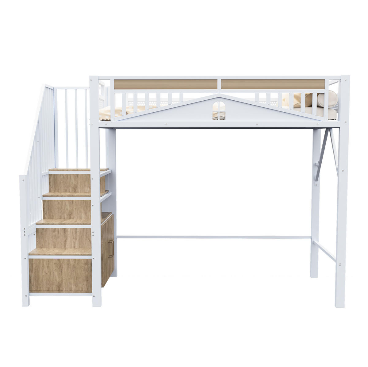 HOCHBETT 90/200 cm, Weiß mit Stauraum und Fensterdesign - Weiß, Metall (90/200cm) - MIVRAY