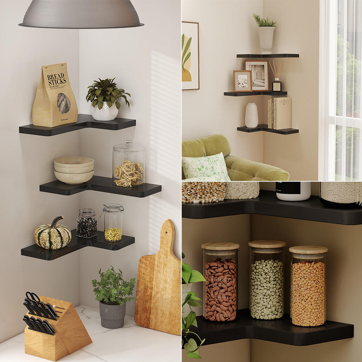 ECKREGAL Curva Schwarz 40.5 x 2.5 cm 3er Set - Schwarz, Holzwerkstoff (40.5/2.5/28.5cm) - Vicco