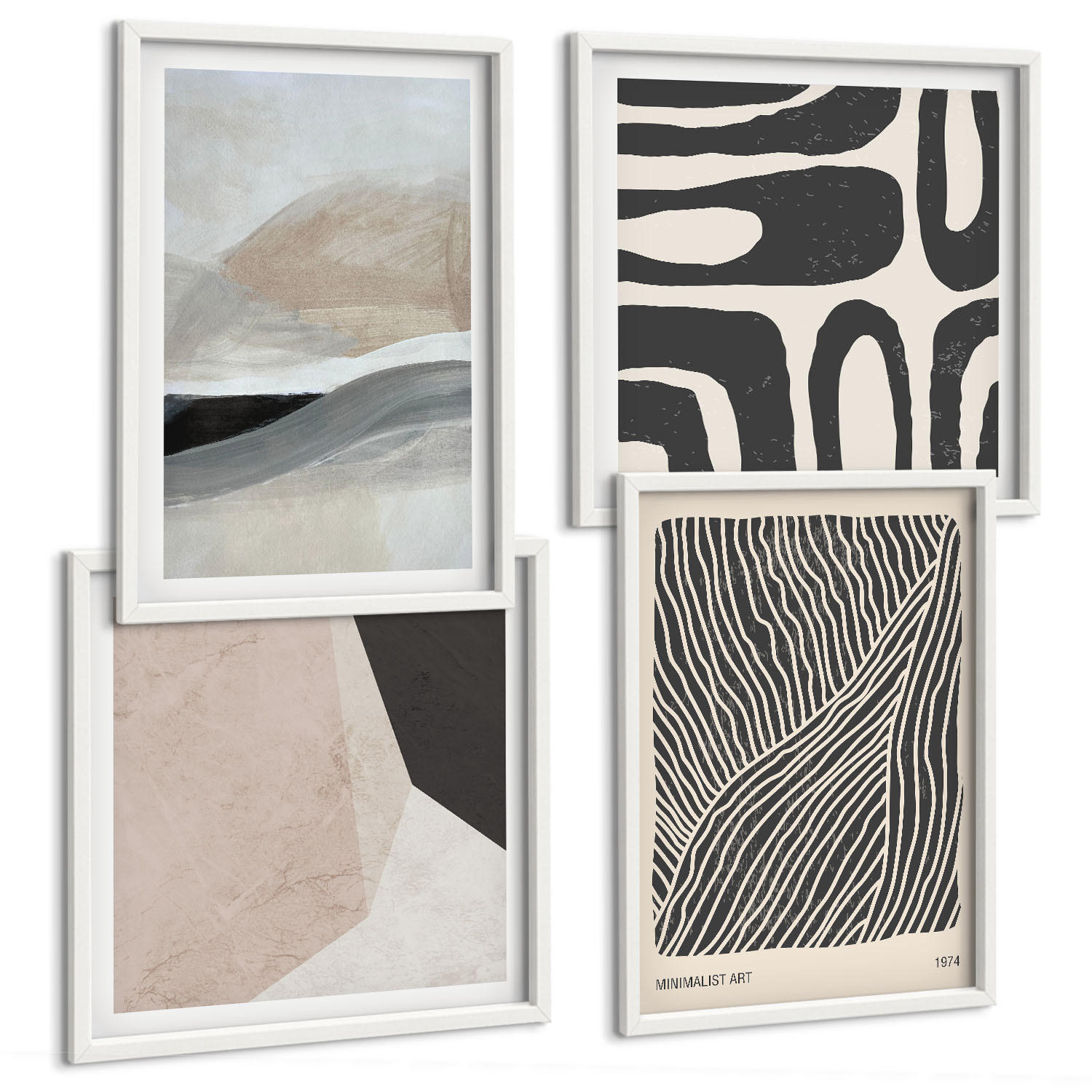 BILDER SET 4er Set - 50x50 cm & 40x60 cm Weißer Rahmen - Abstrakte Boho-Dekorationsmuster - Weiß, Kunststoff (50/50cm) - TULUP