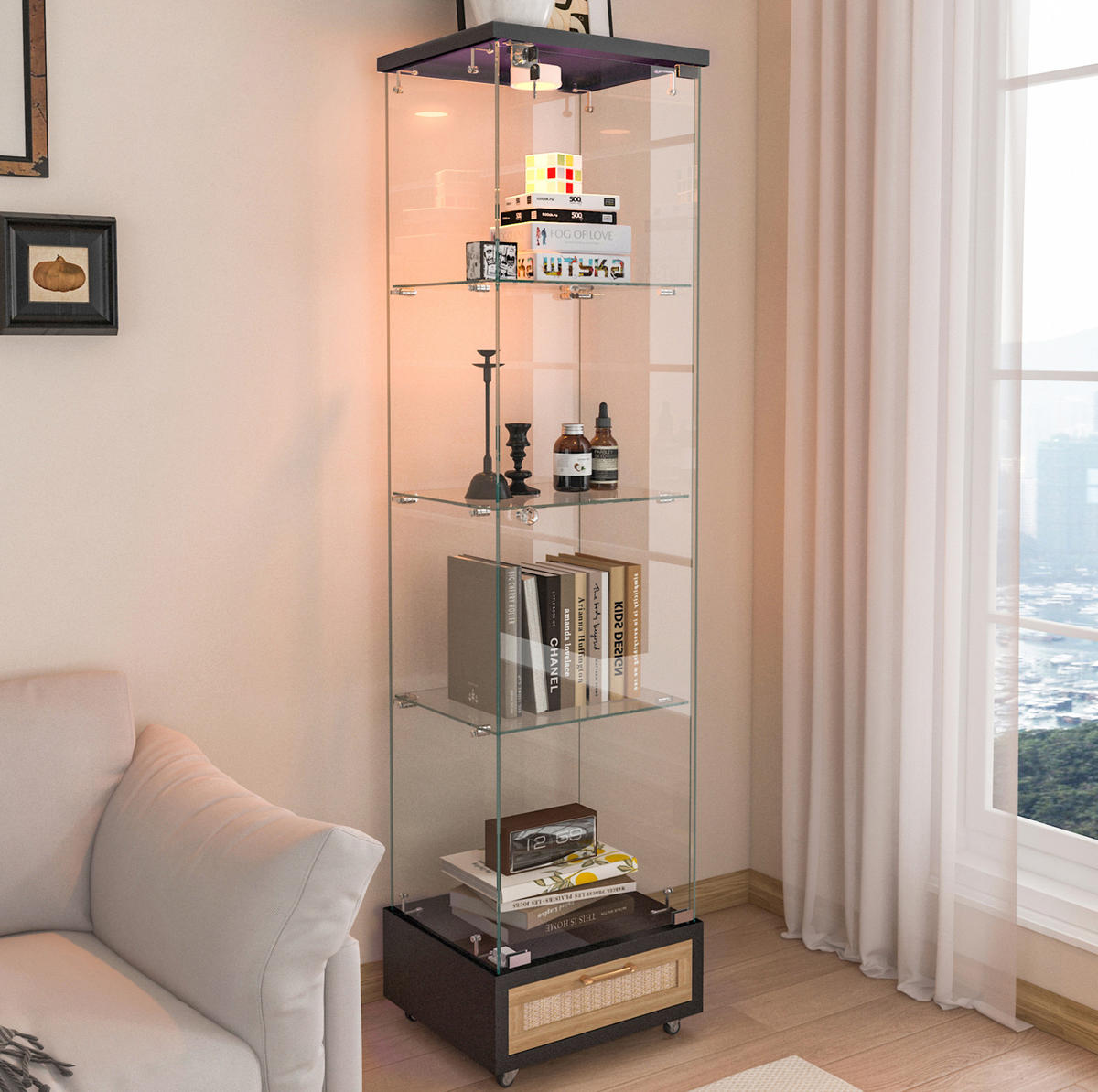 VITRINE 36,5/42,5/167 cm schwarz aus MDF und Glas mit LED und Rollen - Schwarz, Holzwerkstoff (42.5/167/36.5cm) - OKWISH