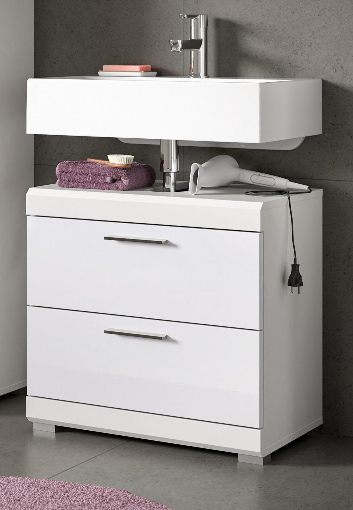 WASCHBECKENUNTERSCHRANK weiß Hochglanz 60 cm mit Schubkästen - Weiß Hochglanz/Silberfarben, Holzwerkstoff/Kunststoff (60/56/37cm) - Inn.Furn