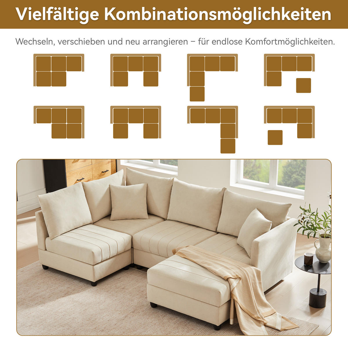 ECKSOFA 220/194/85 cm Beige aus Baumwoll-Leinen mit Ottomane - Beige, Textil (194/220cm) - OKWISH