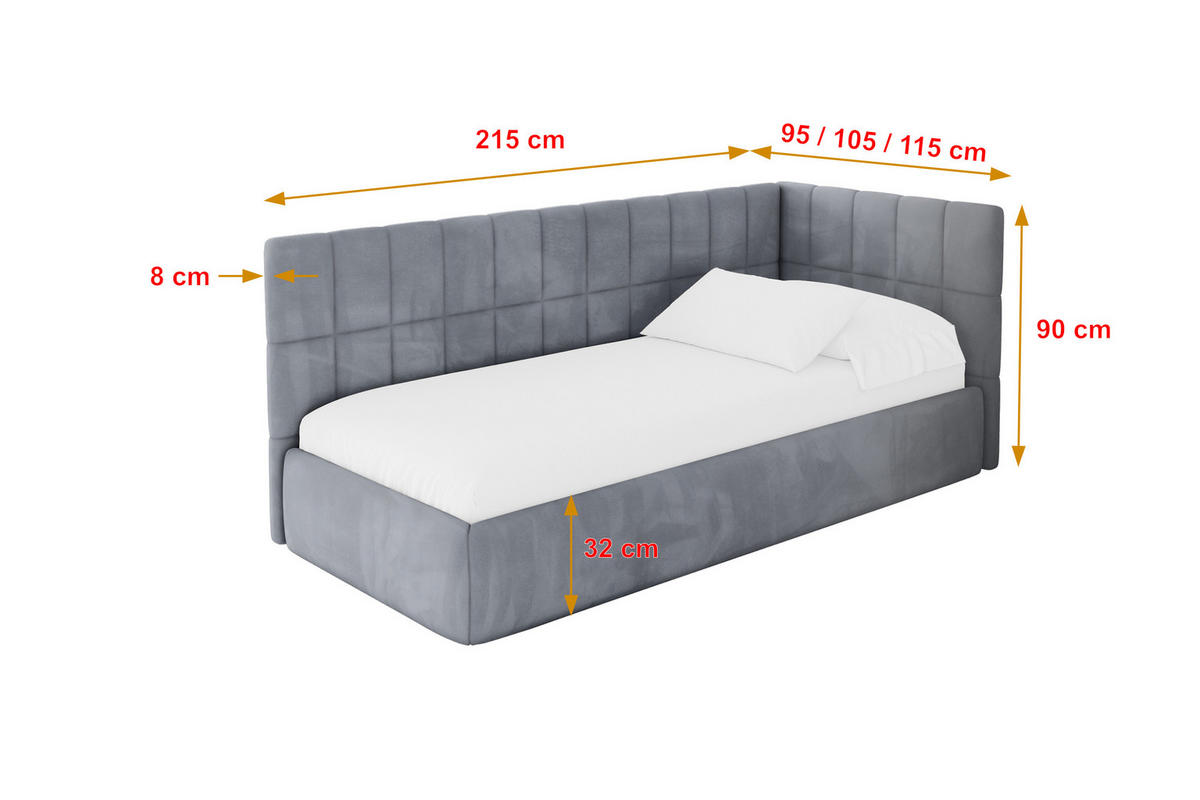 EINZELLBETT Jugendbett mit Bettkasten und Matratze H3/H4, Links - TULY 90x200 Grau - Grau, Holzwerkstoff/Textil (90/200cm) - ALTDECOR