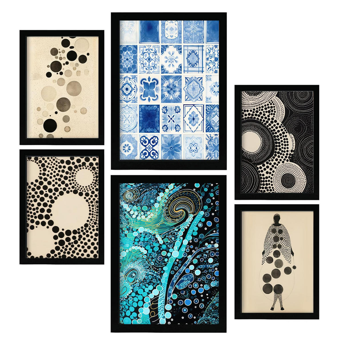 POSTER Set Mit 6 Schillernde Punkte In Vielseitiger A3 & A4 Schwarzer Rahmen - Schwarz, Papier (29/3cm) - Nacnic