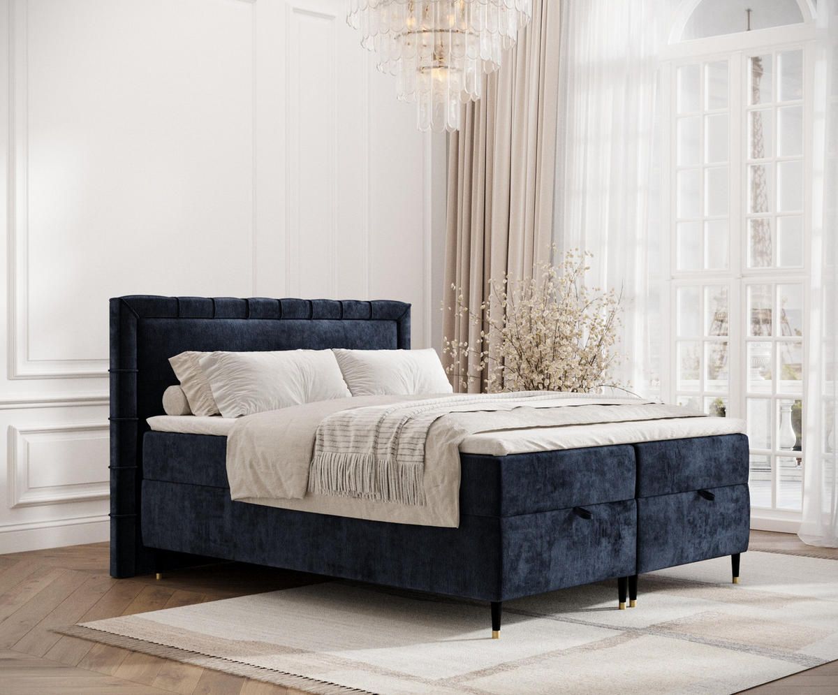 BOXBETT Monpelli Marineblau 140/200 cm mit Matratze und Topper - Schwarz/Dunkelblau, Holz/Holzwerkstoff (140/200cm) - Maison de Reve