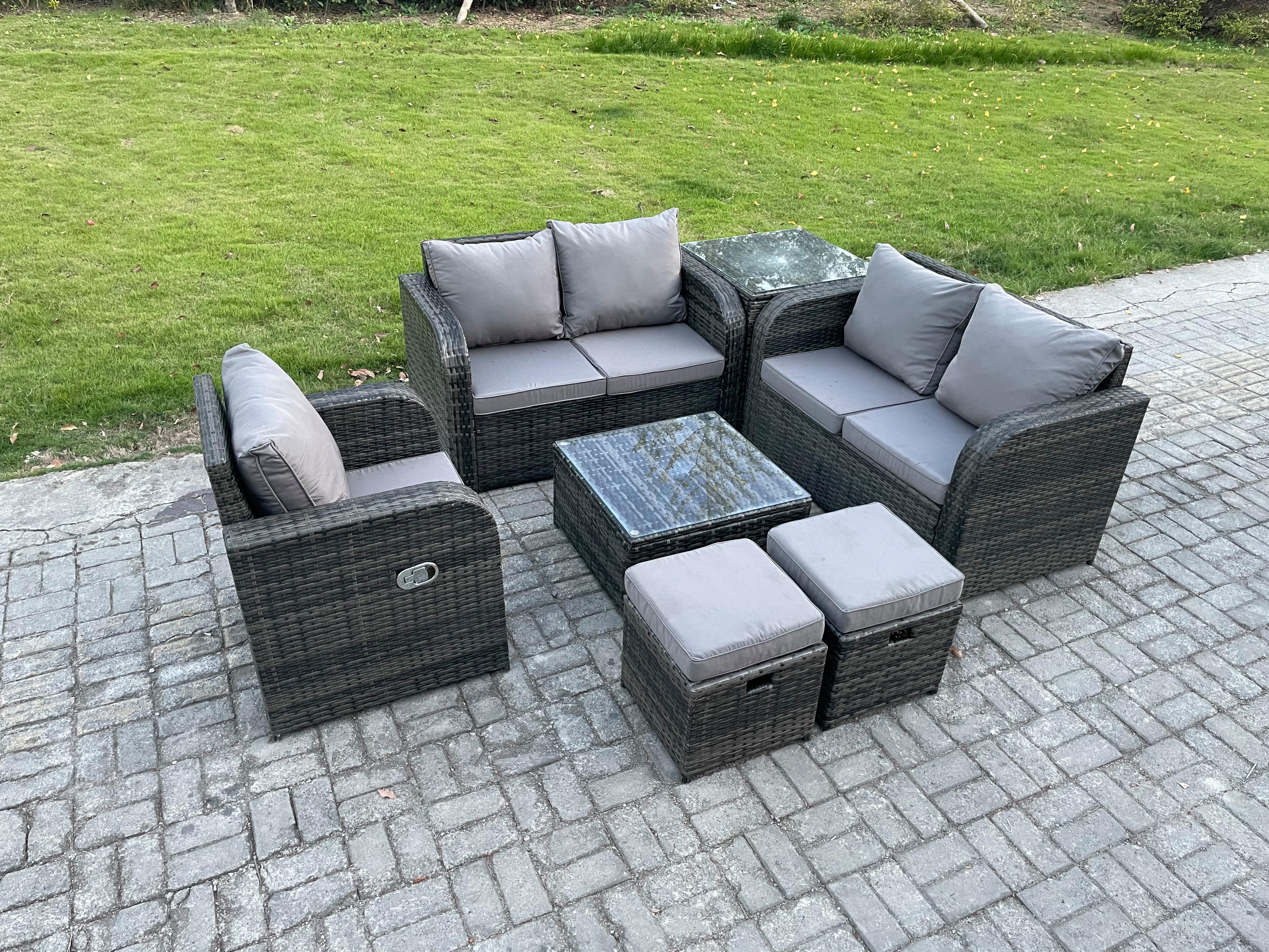 LOUNGEGARNITUR Polyrattan Dunkelgrau 7-Sitzer - Dunkelgrau, Metall - Fimous